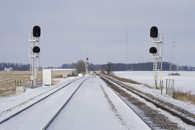 View of westbound signals at west end Benson